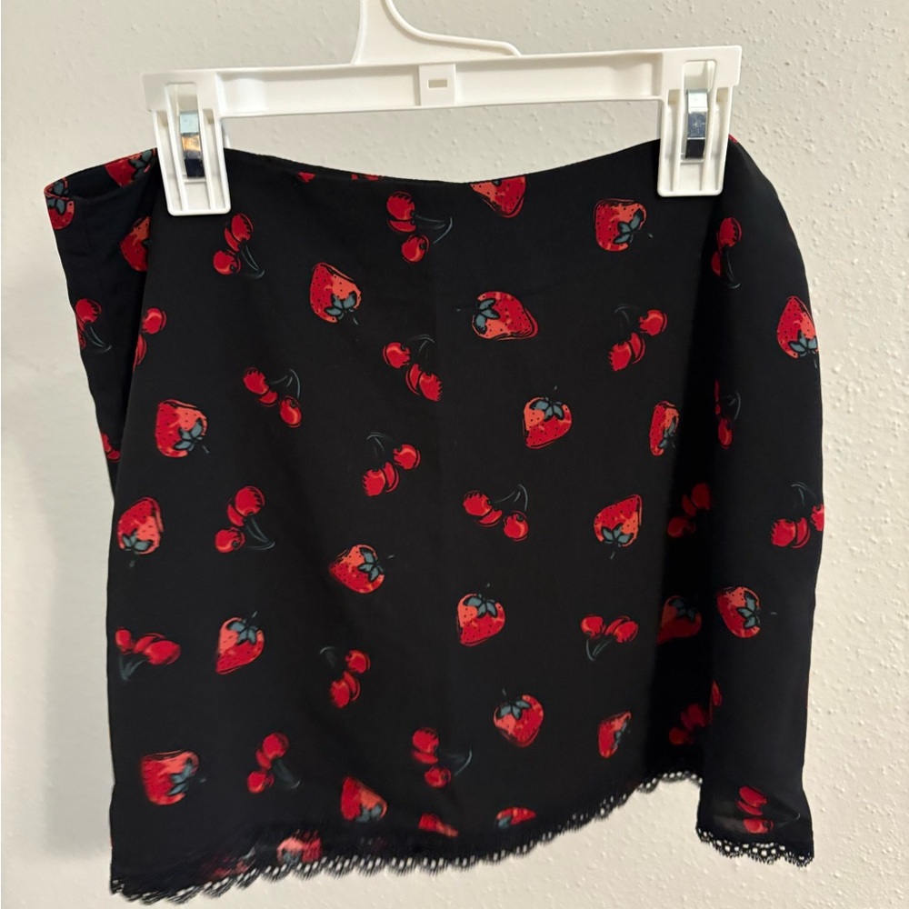 La Hearts Black Mini Skirt with Red cherry and strawberry Design